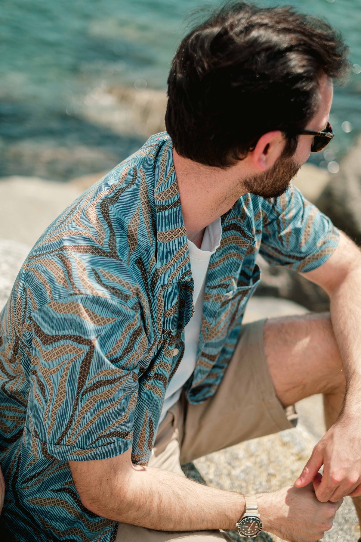 Camicia maniche corte - stampa jungle sfondo azzurro