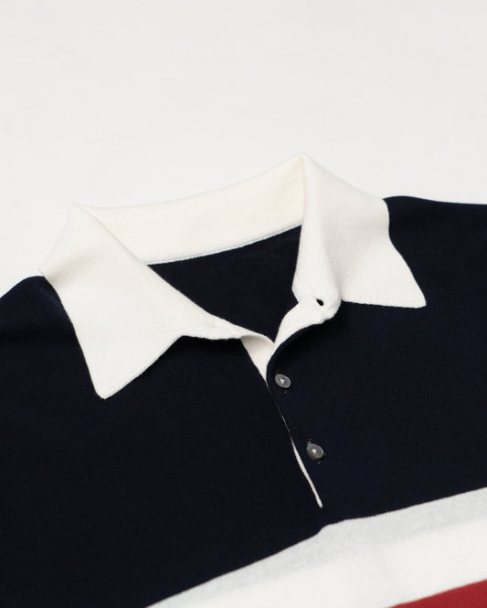 Rugby Polo in Cotton Crepe - Blue Navy Cardinal Red/ Off White