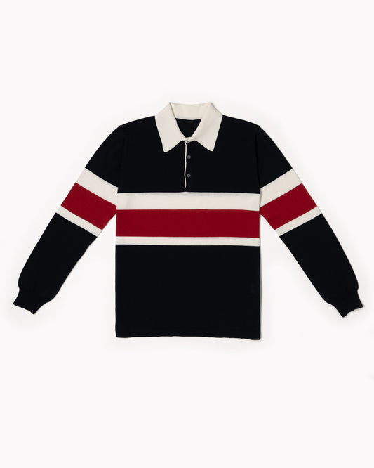 Rugby Polo in Cotton Crepe - Blue Navy Cardinal Red/ Off White