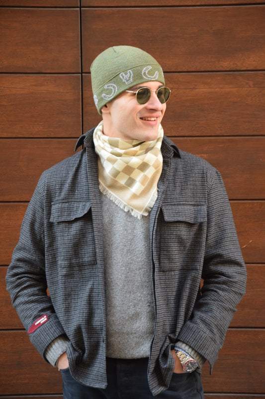 Bandana in lana merinos - Beige a scacchi